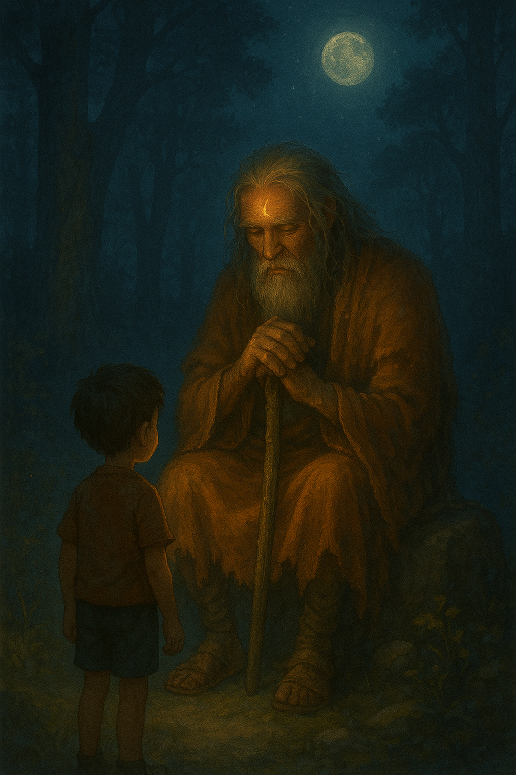 Ashwatthama sitting on a rock under moonlight with Rohan – mythological scene